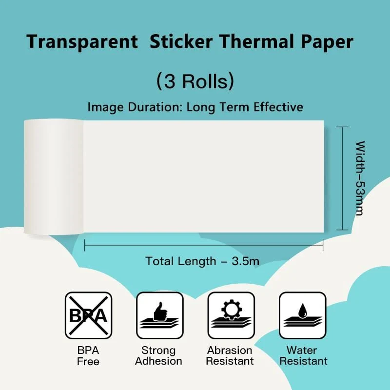 Phomemo 53mm Transparent Sticker Long-Lasting Thermal Paper for T02 & M832 3 Rolls
