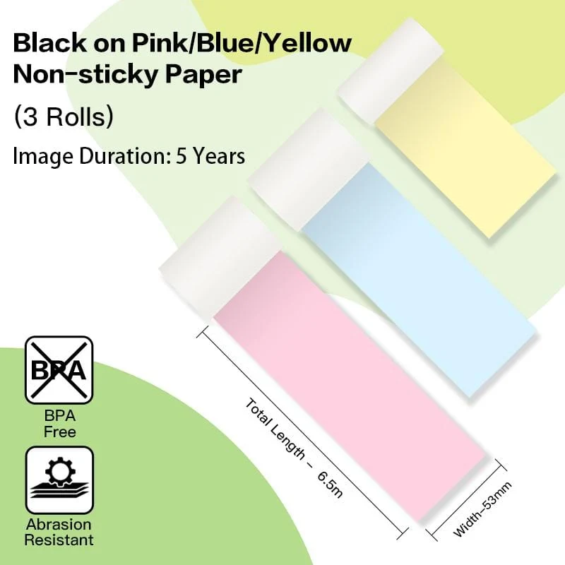 Phomemo 53mm Yellow/Blue/Pink Non-Adhesive 5-Year-Lasting Thermal Paper for T02/M02X/M832 3 Rolls