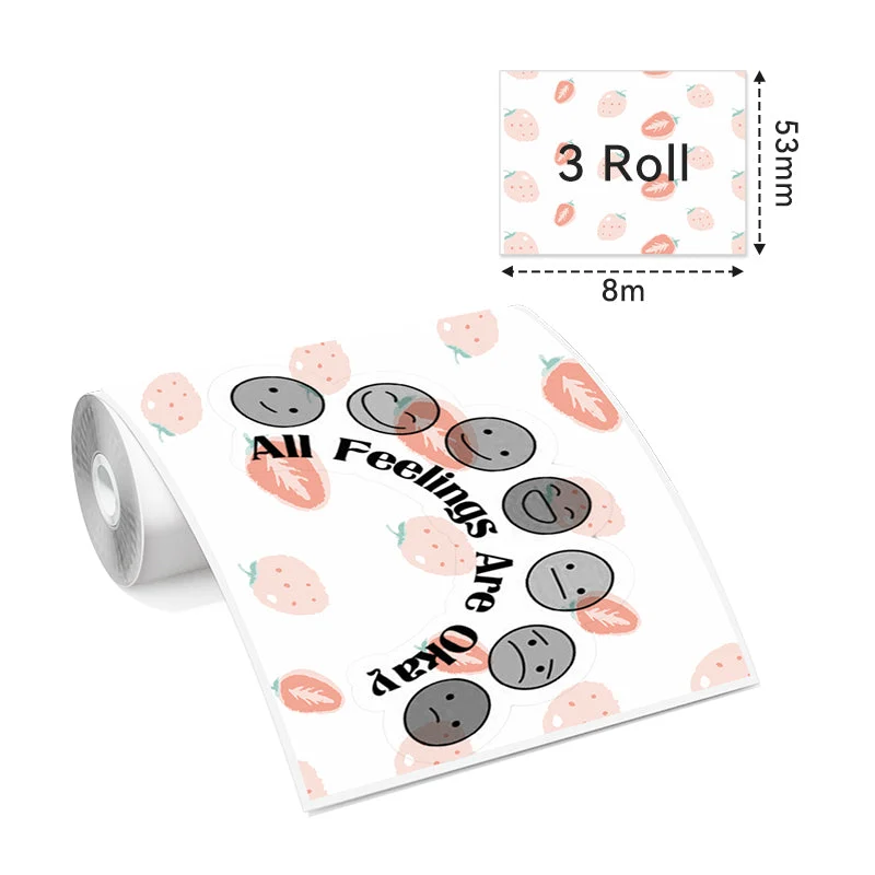 Phomemo 53mm Pattern Sticker 20-Year-Lasting Strawberry Milk Thermal Paper for T02/M02X/M832 3 Rolls