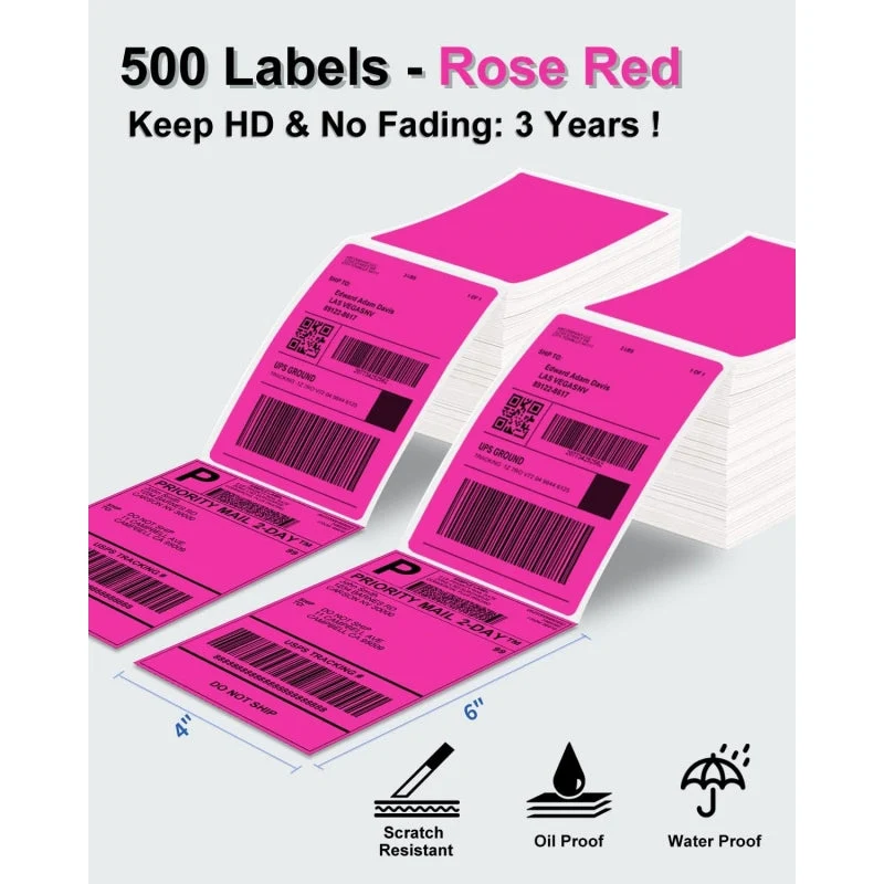 Phomemo 4"x6" Fanfold Direct Thermal Shipping Label (500 Labels) | Rose Red