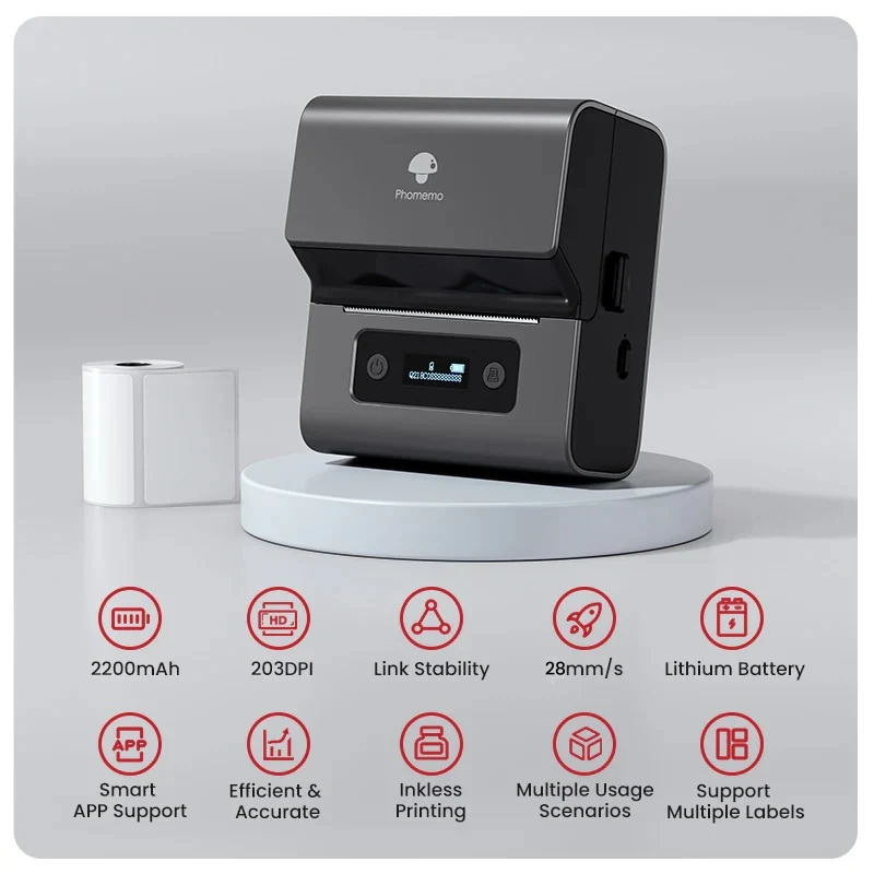Phomemo M221 Etikettendrucker, 80mm Tragbar Etikettendrucker Selbstklebend | Bluetooth Labeldrucker mit Phones & PC