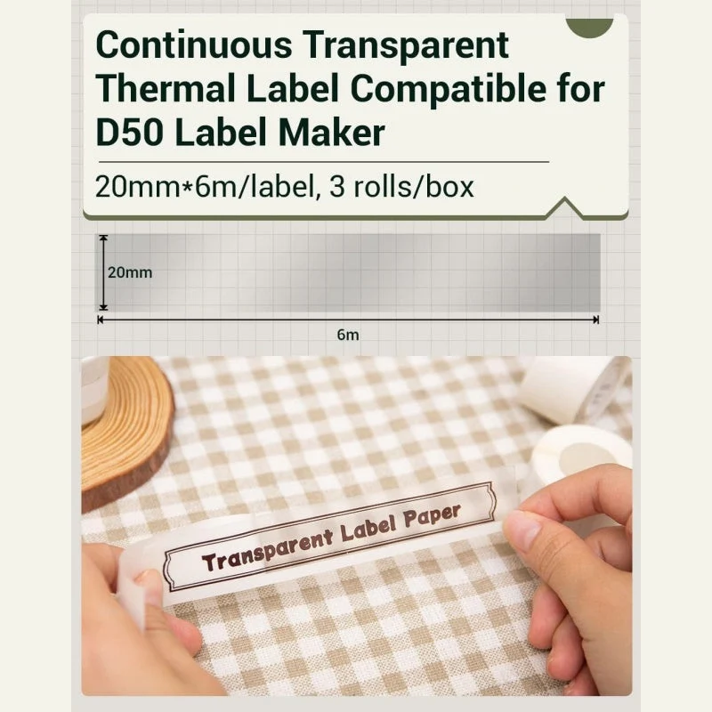 Phomemo 20mmx6m Transparent Adhesive Continuous Thermal Label for D50