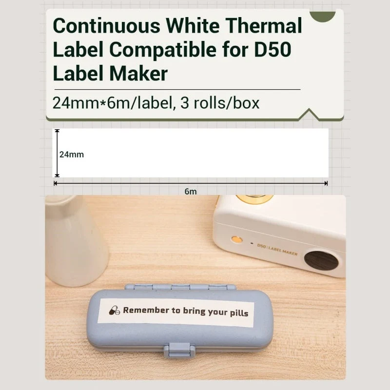 Phomemo 24mmx6m White Adhesive Continuous Thermal Label for D50