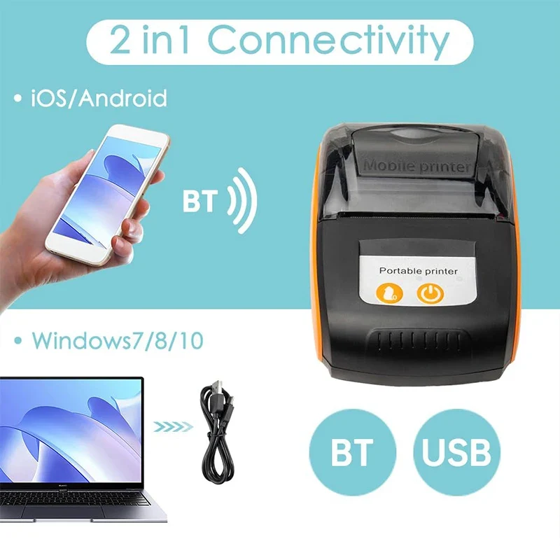 Printiup POS Go - Imprimante Thermique Caisse Portable 58 mm – Bluetooth & USB – Avec Batterie Rechargeable