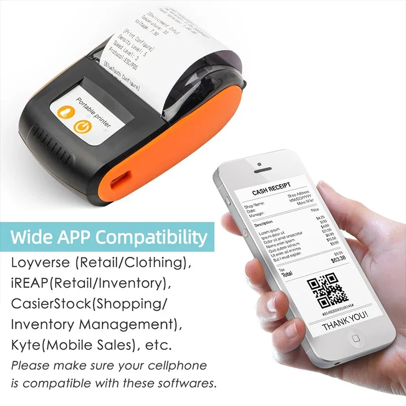 Printiup POS Go - Imprimante Thermique Caisse Portable 58 mm – Bluetooth & USB – Avec Batterie Rechargeable