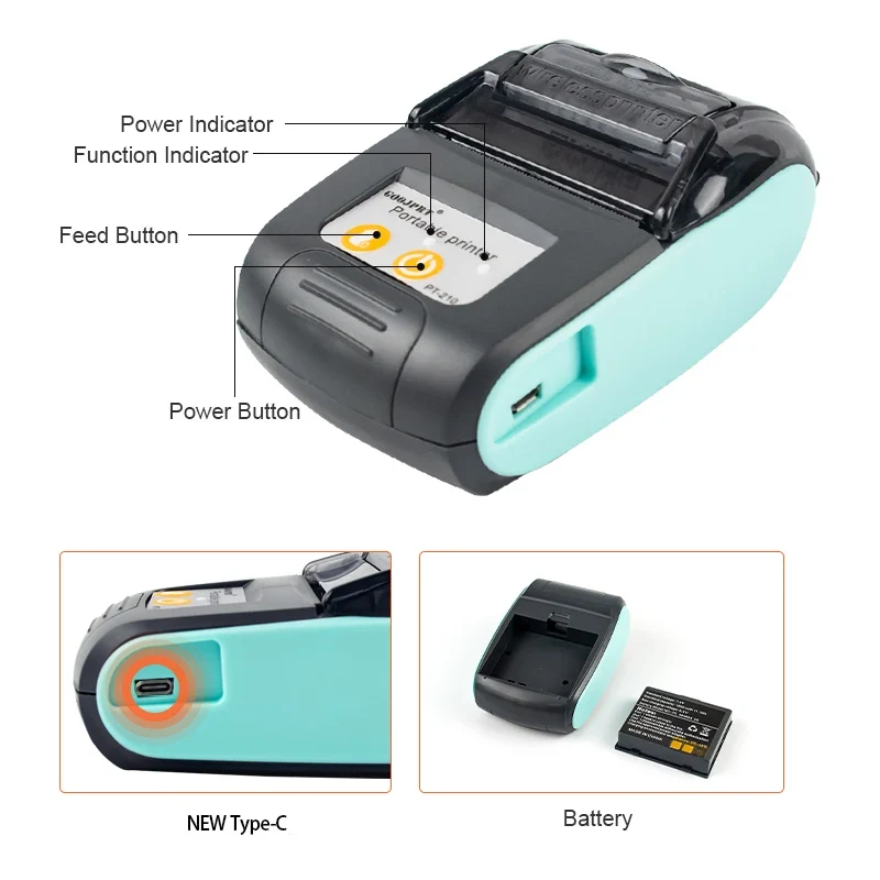 Printiup POS Go - Imprimante Thermique Caisse Portable 58 mm – Bluetooth & USB – Avec Batterie Rechargeable