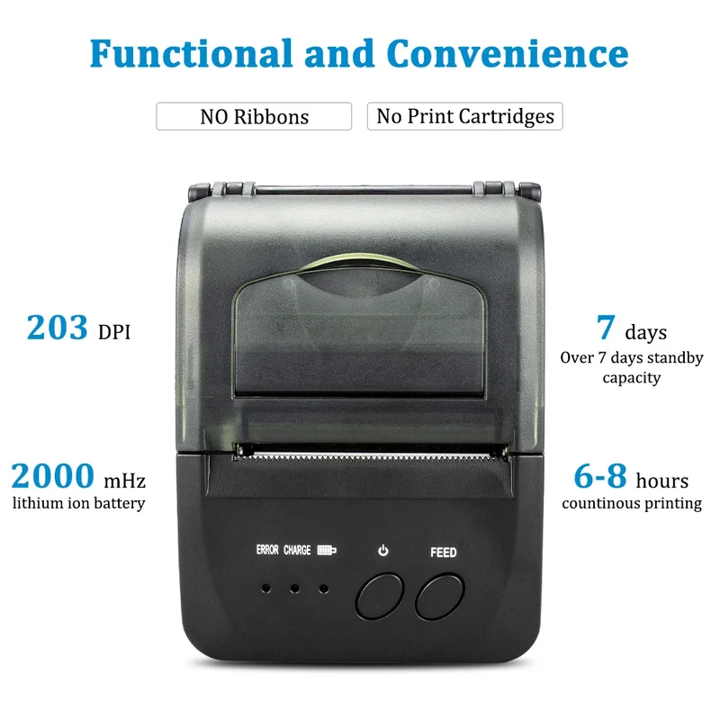 Printiup POS Pro - Imprimante Thermique Caisse Portable 58 mm – Bluetooth & USB – Multi-OS