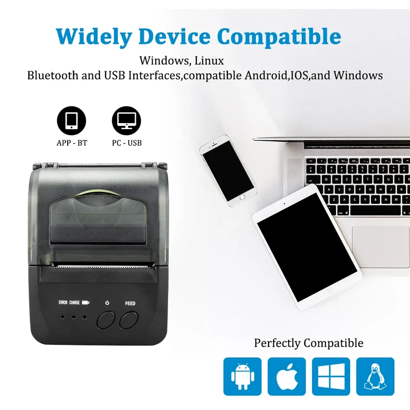 Printiup POS Pro - Imprimante Thermique Caisse Portable 58 mm – Bluetooth & USB – Multi-OS