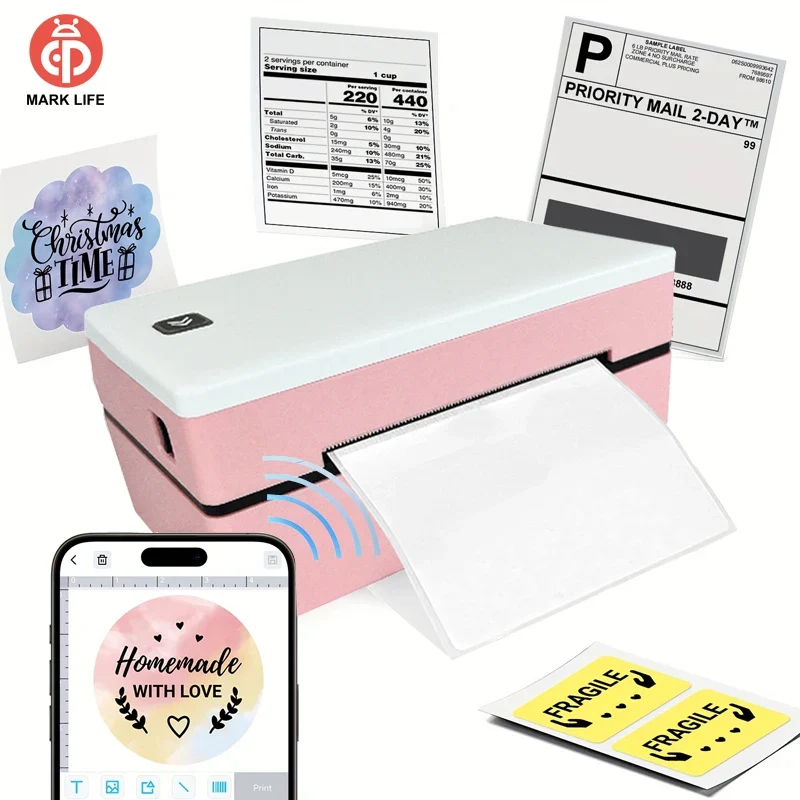 Printiup Label Rose - Imprimante Thermique Étiquettes 4x6 Bluetooth – Compacte & Économique – Compatible iPhone, Android, Mac & Windows
