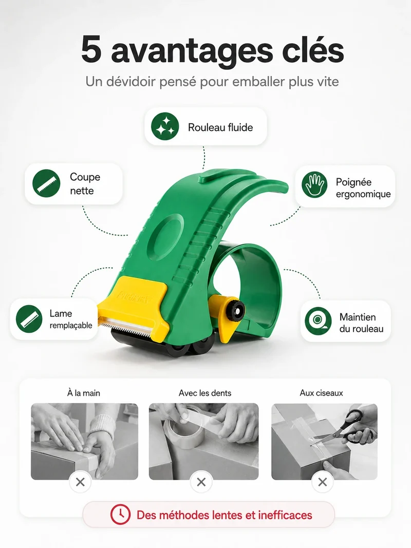 Dévidoir à Ruban Adhésif pour Colis – Coupe Rapide & Poignée Ergonomique