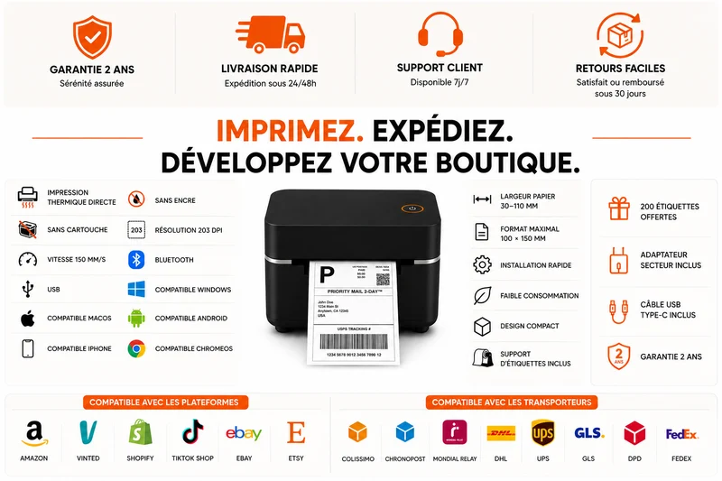 Pack Starter – Imprimante Thermique + 200 Étiquettes 100×150 mm