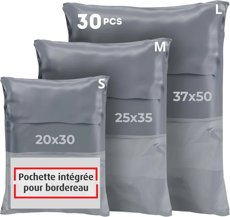 Pochettes d'Expédition Grises Étanches - Pack de 30 (S/M/L)