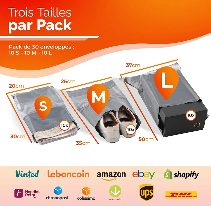 Pochettes d'Expédition Grises Étanches - Pack de 30 (S/M/L)