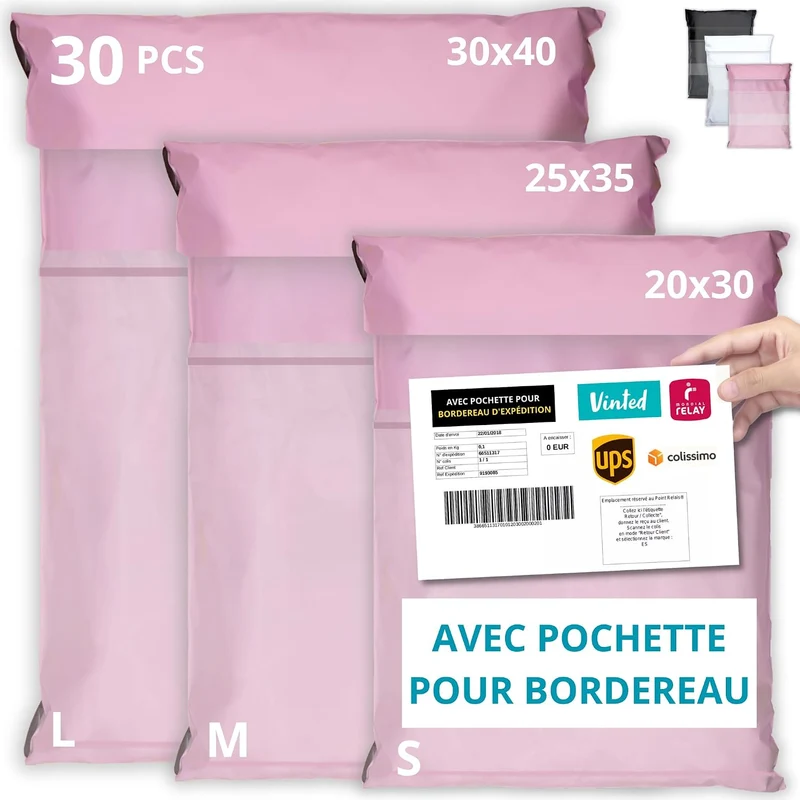 Pochettes d'Expédition Rose Étanches - Pack de 30 (S/M/L)