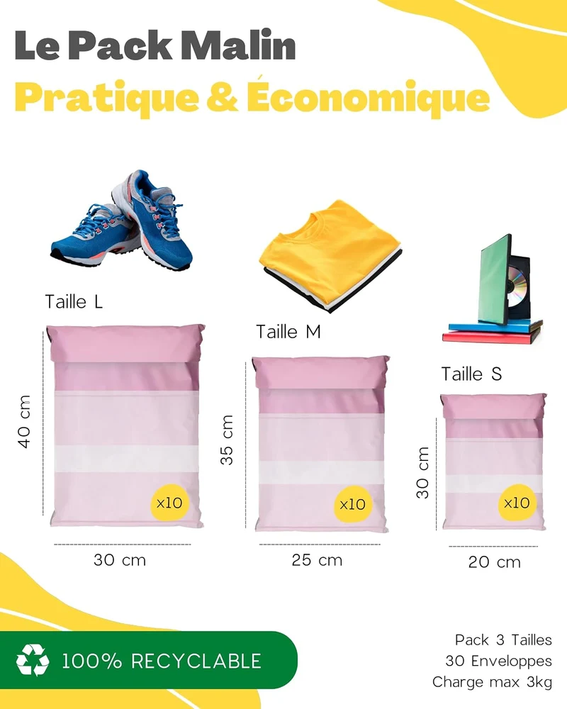 Pochettes d'Expédition Rose Étanches - Pack de 30 (S/M/L)