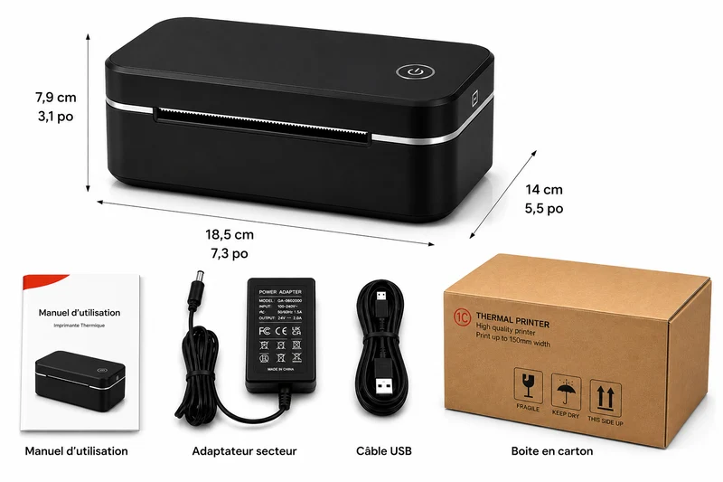 Pack Business – Imprimante Thermique + 500 Étiquettes + Support + 5 Pochettes d'Expédition