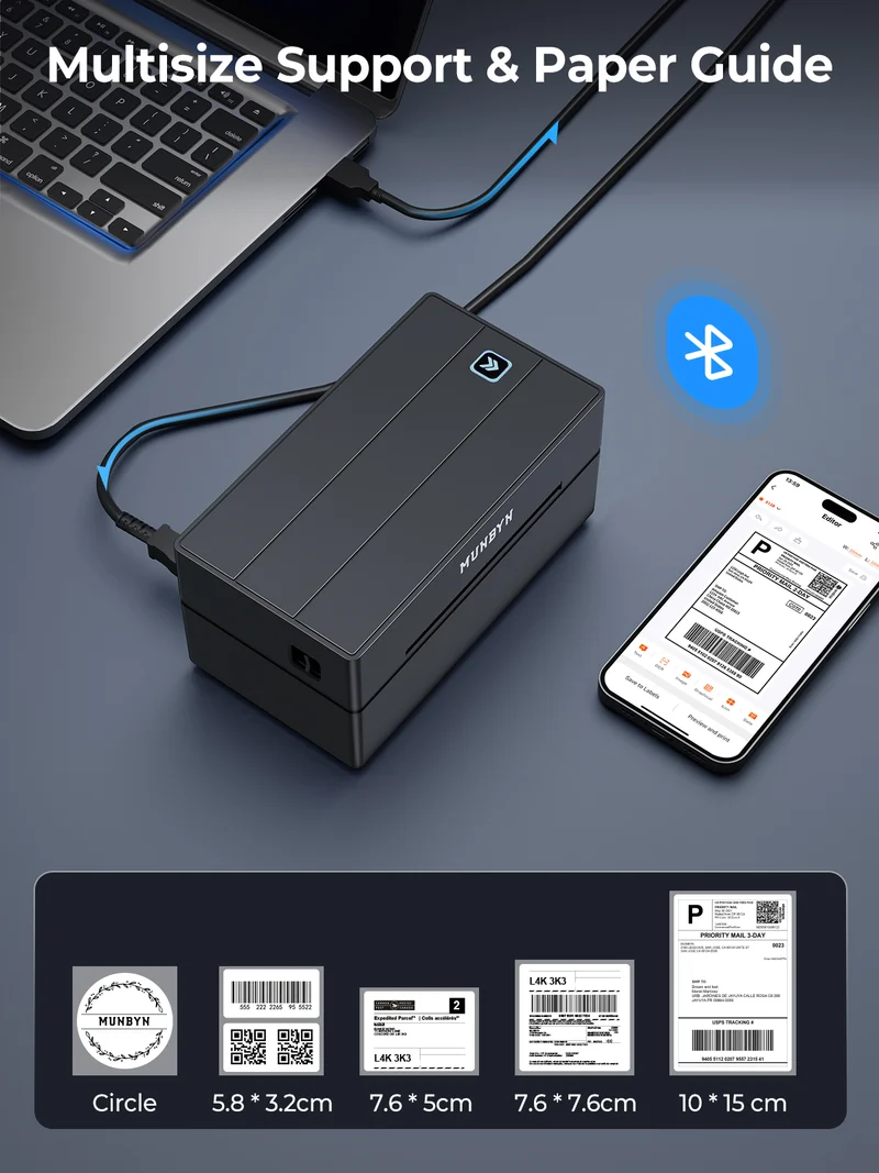 MUNBYN RW130B Bluetooth Thermal Label Printer for Starter Shipping and Basic Labels