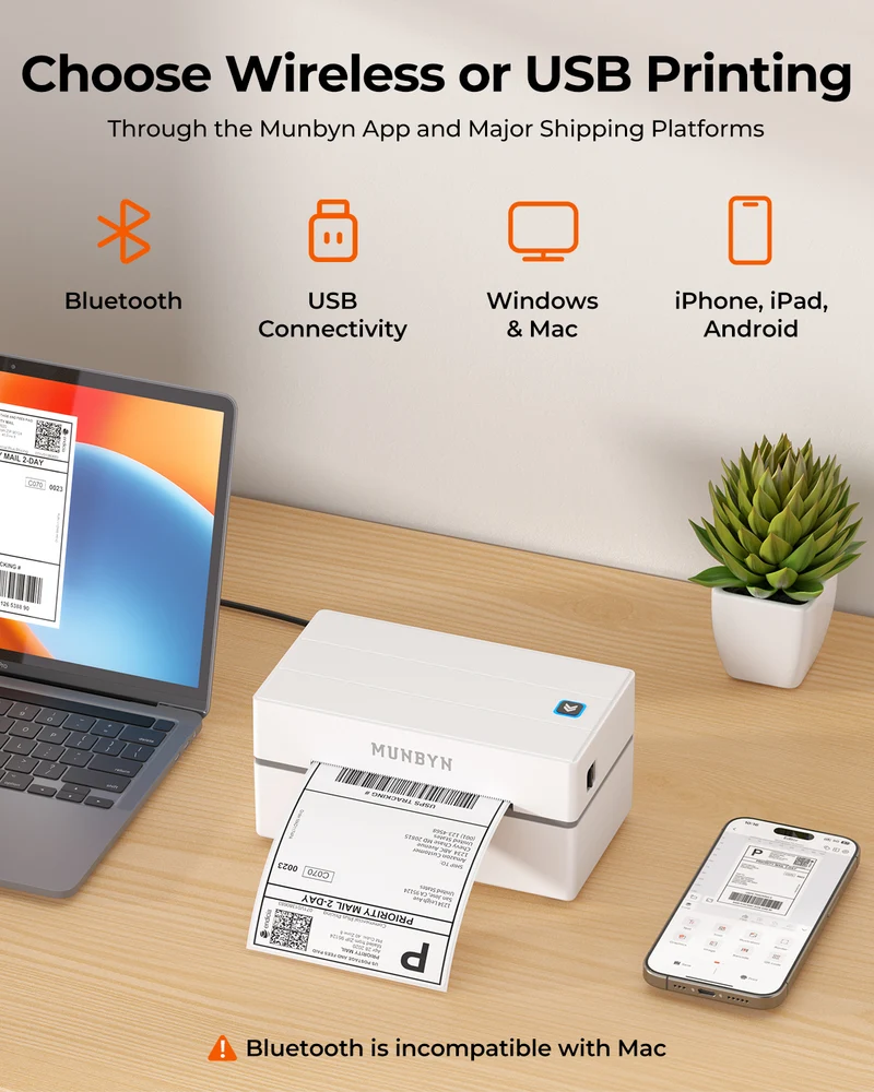 MUNBYN RW130B Bluetooth Thermal Label Printer for Starter Shipping and Basic Labels