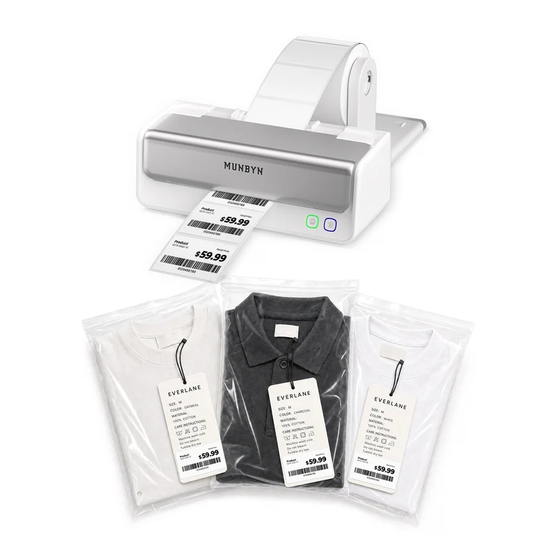 MUNBYN RealWriter 405B Bluetooth Printer & Rectangle Labels Clothing Product Pro Kit