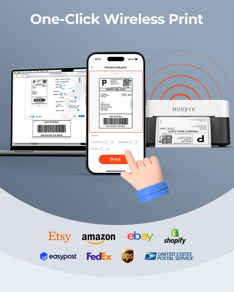 MUNBYN RW403B Bluetooth Thermal Label Printer for Shipping and Product Labelling