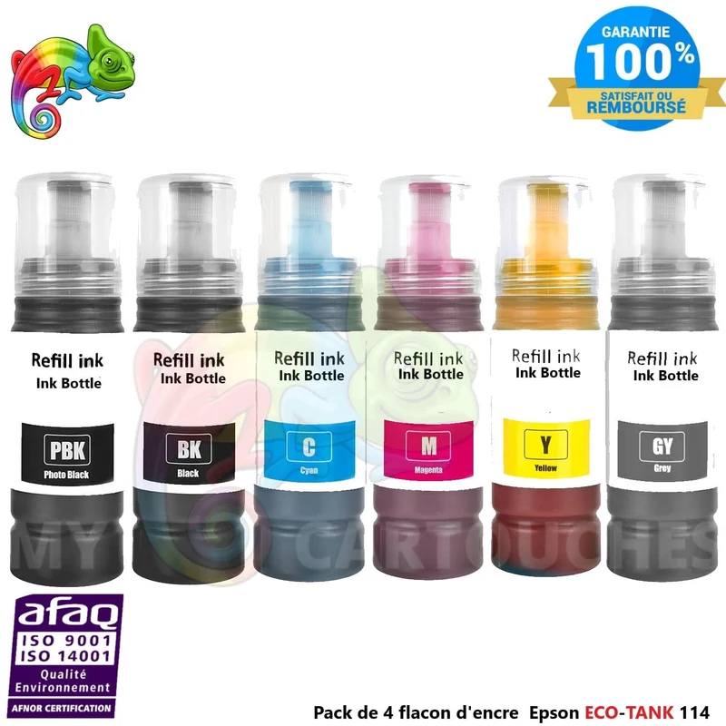 Pack 6 Flacons Epson EcoTank 114 Noir Photo Noir Cyan Magenta Jaune Gris — ET-8500, ET-8550