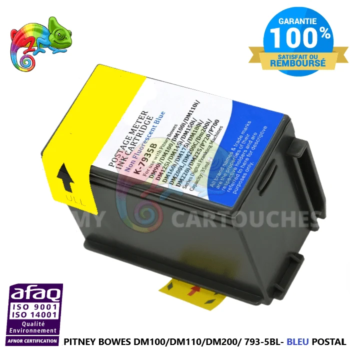 Cartouche d'Encre Compatible Bleu Postal Pitney Bowes 793 (793-5BI) pour Machines à Affranchir DM100 et DM200