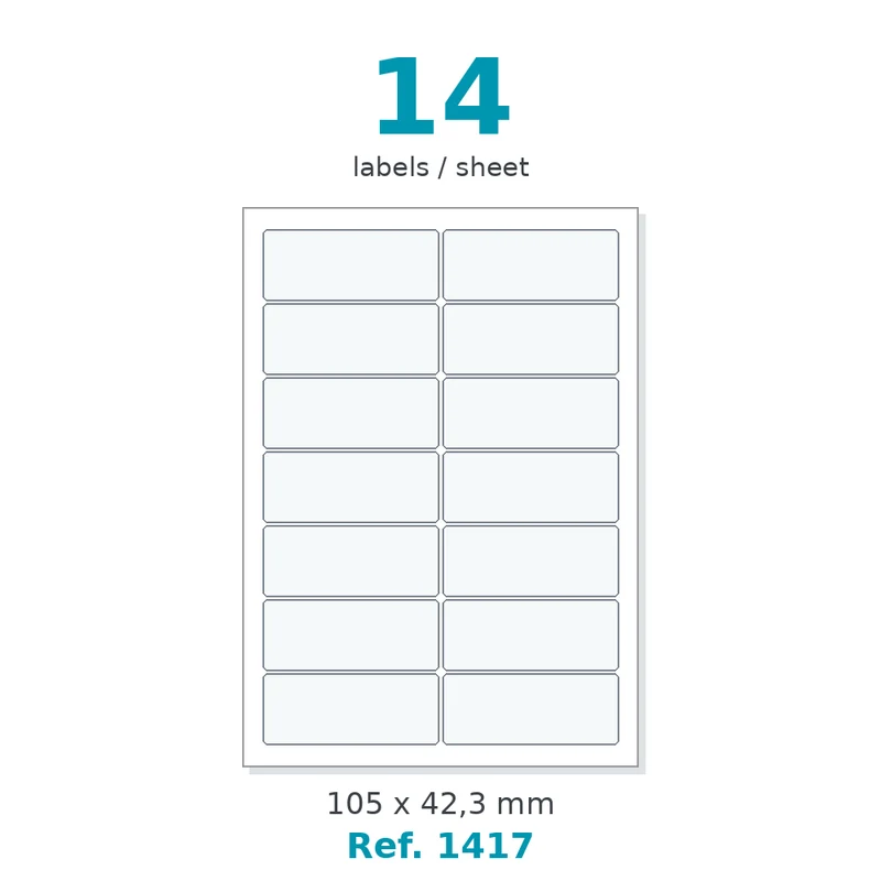 Planche A4 étiquettes velin blanc 105 x 42,3 mm - 14 étiq./planche - carton de 10 boîtes (100 planches/boîte) - Réf. 1417