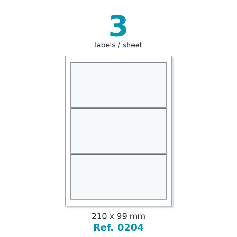 Planche A4 étiquettes velin blanc 210 x 99 mm - 3 étiq./planche - carton de 10 boîtes (200 planches/boîte) - Réf. 0204