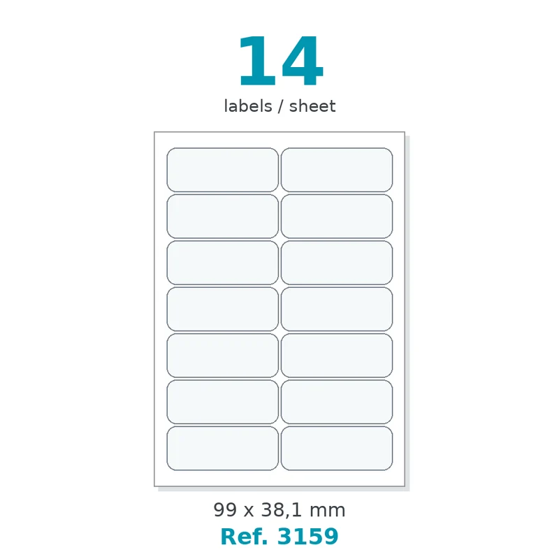 Planche A4 étiquettes velin blanc coins arrondis 99 x 38,1 mm - 14 étiq./planche - carton de 10 boîtes (500 planches/boîte) - Réf. 3159
