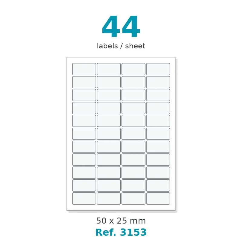 Planche A4 étiquettes velin blanc 50 x 25 mm - 44 étiq./planche - carton de 10 boîtes (500 planches/boîte) - Réf. 3153