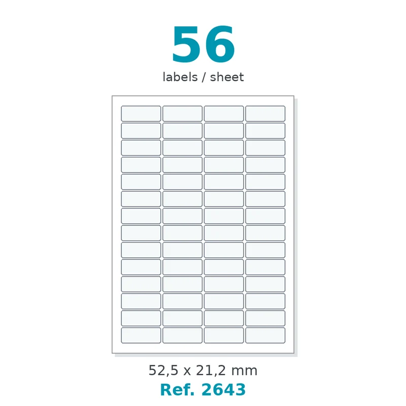 Planche A4 étiquettes velin blanc 52,5 x 21,2 mm - 56 étiq./planche - carton de 10 boîtes (500 planches/boîte) - Réf. 2643