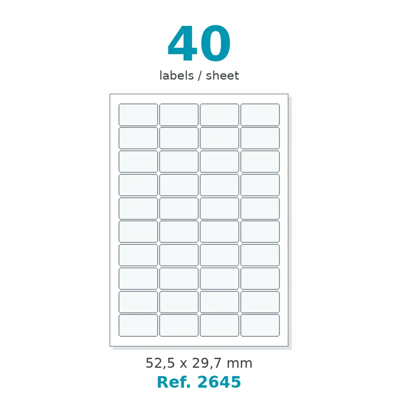 Planche A4 étiquettes velin blanc 52,5 x 29,7 mm - 40 étiq./planche - carton de 10 boîtes (500 planches/boîte) - Réf. 2645