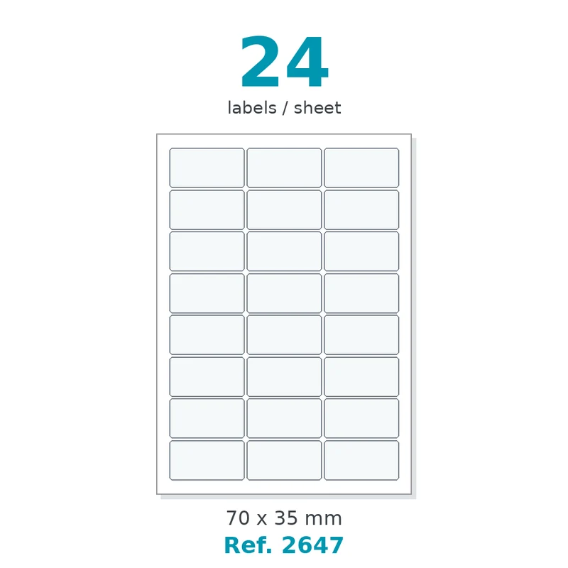 Planche A4 étiquettes velin blanc 70 x 35 mm - 24 étiq./planche - carton de 10 boîtes (500 planches/boîte) - Réf. 2647