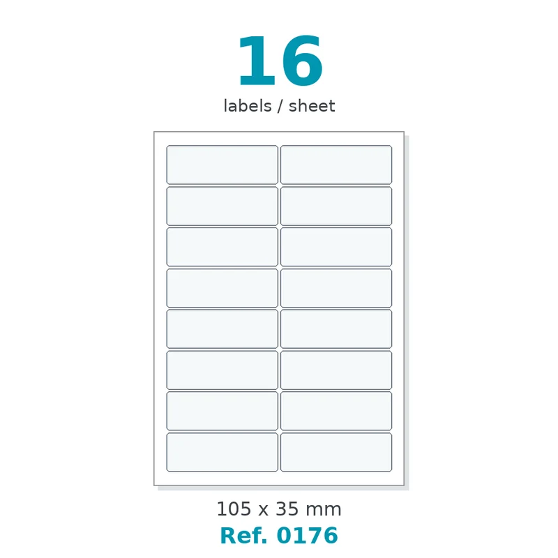 Planche A4 étiquettes velin blanc 105 x 35 mm - 16 étiq./planche - carton de 10 boîtes (100 planches/boîte) - Réf. 0176