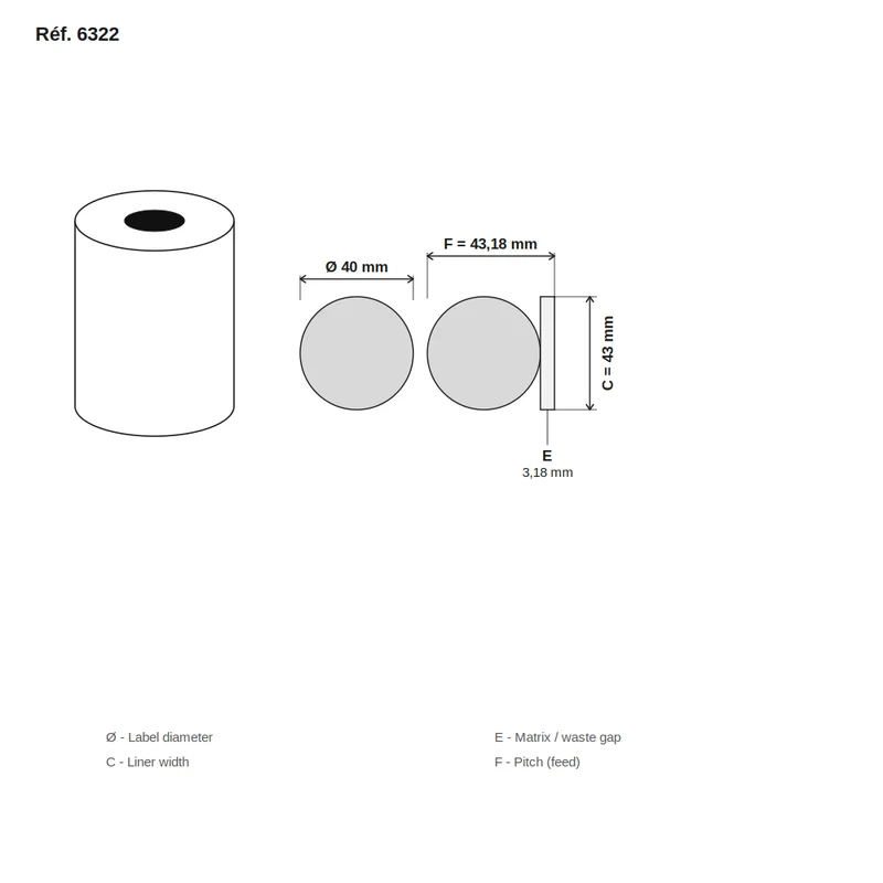 Étiquette jet d'encre couché blanc brillant rond Ø 40 mm - carton de 12 rouleaux - Réf. 6322