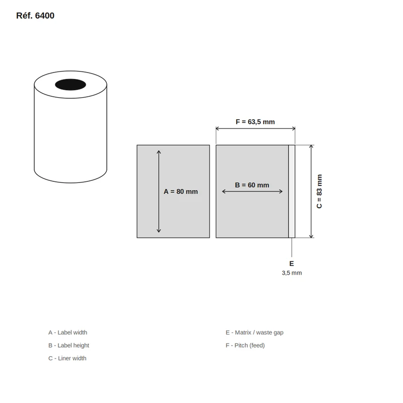 Étiquette jet d'encre couché blanc mat 80 x 60 mm - carton de 6 rouleaux - Réf. 6400