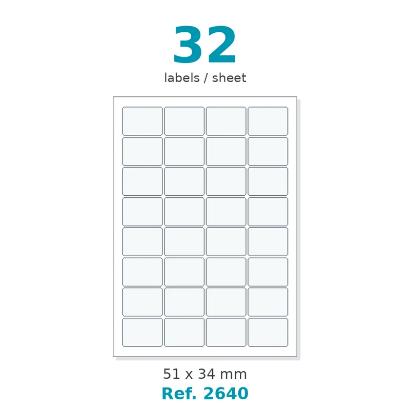 Planche A4 étiquettes santé velin blanc 51 x 34 mm - 32 étiq. par planche - boîte de 500 planches - Réf. 2640