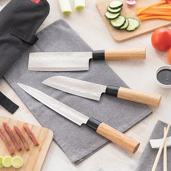 Ensemble de 3 couteaux japonais en acier de damas avec etui de transport professionnel - Livraison Offerte