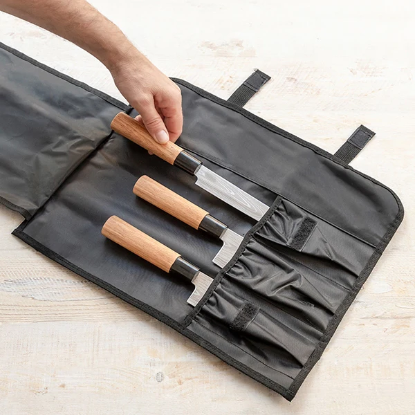 Ensemble de 3 couteaux japonais en acier de damas avec etui de transport professionnel - Livraison Offerte