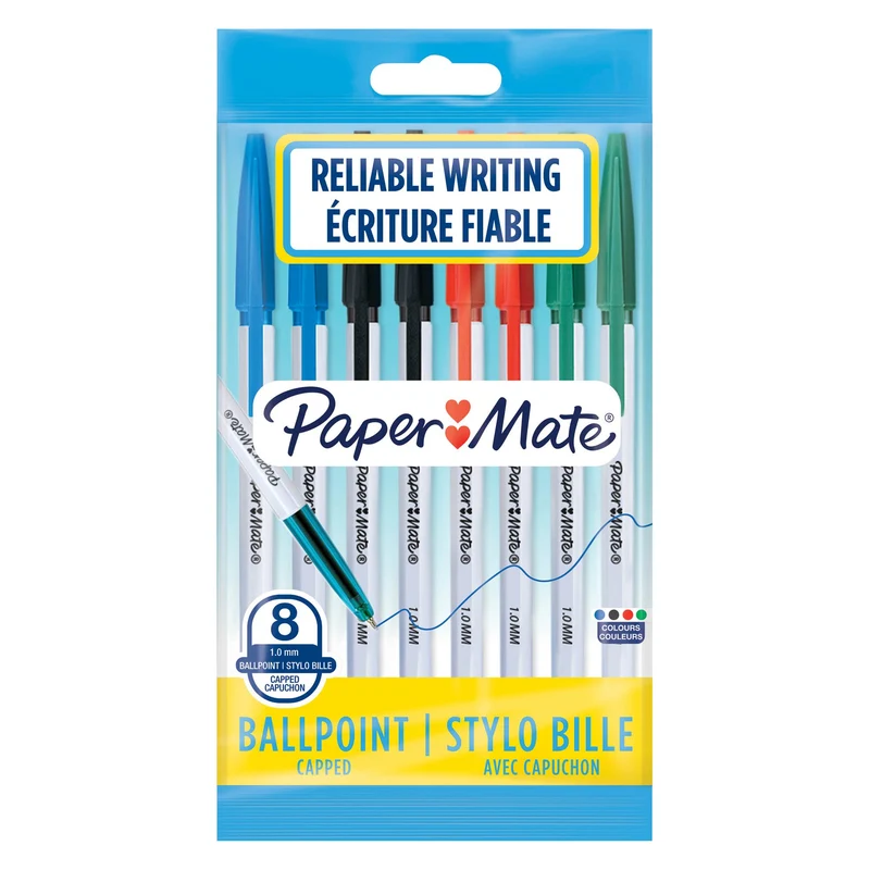 Lot de 8 stylos bille bleu noir rouge et vert