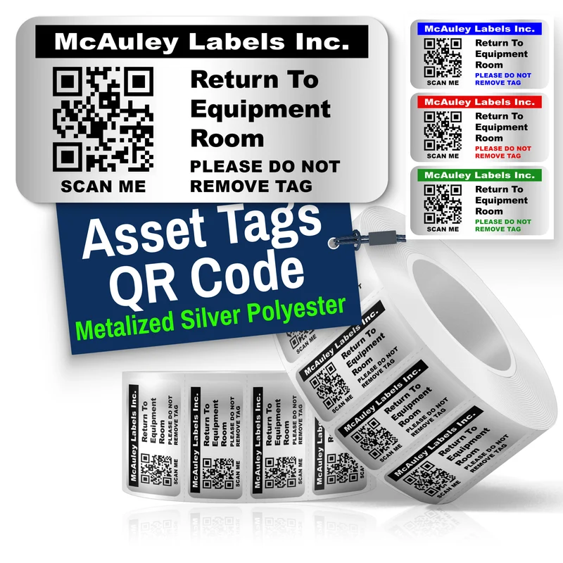 Custom QR Asset Tags for Equipment - Numbered, Permanent, Adhesive, Metallized Silver - QR Code