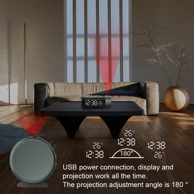 Réveil Numérique avec Projecteur Rotatif 180° — 4 Niveaux de Luminosité