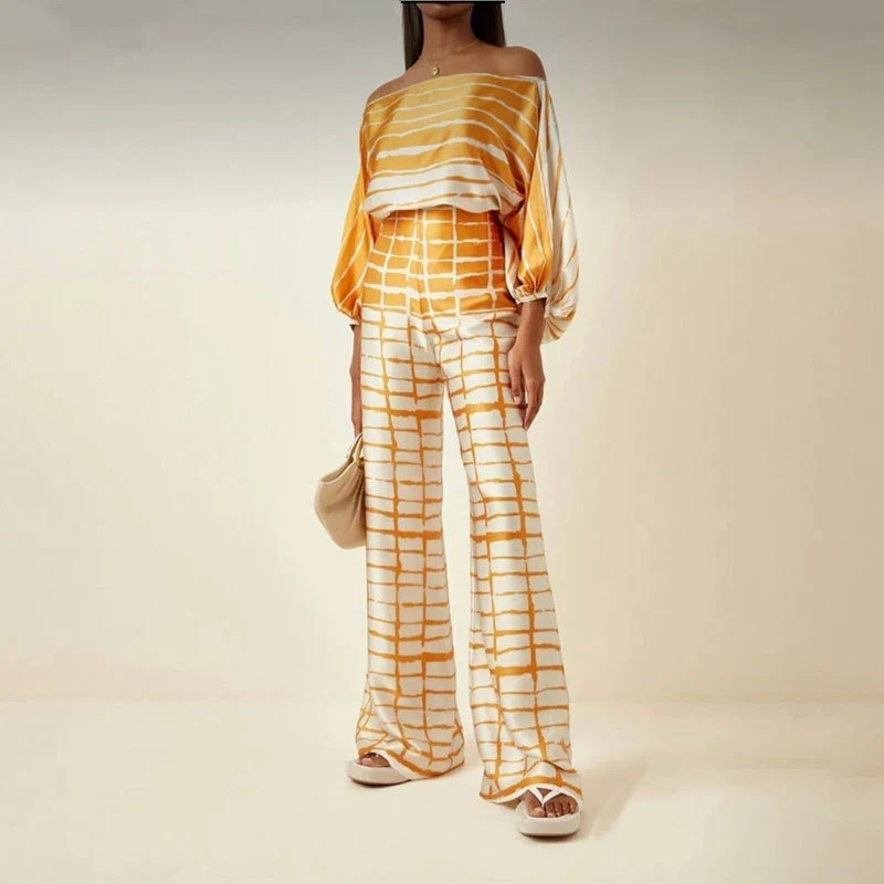 Ensemble en Satin Top Épaules Dénudées & Pantalon Fluide