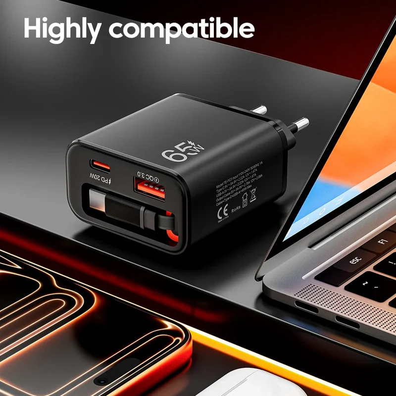 Chargeur Rapide 65W USB-C avec Câble Retractable
