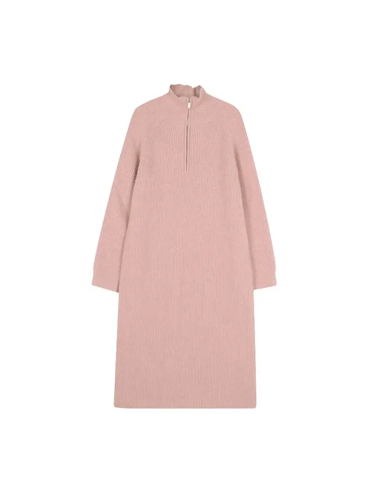 Robe Pull en Tricot Côtelé Ample à Col Cheminé à Zip