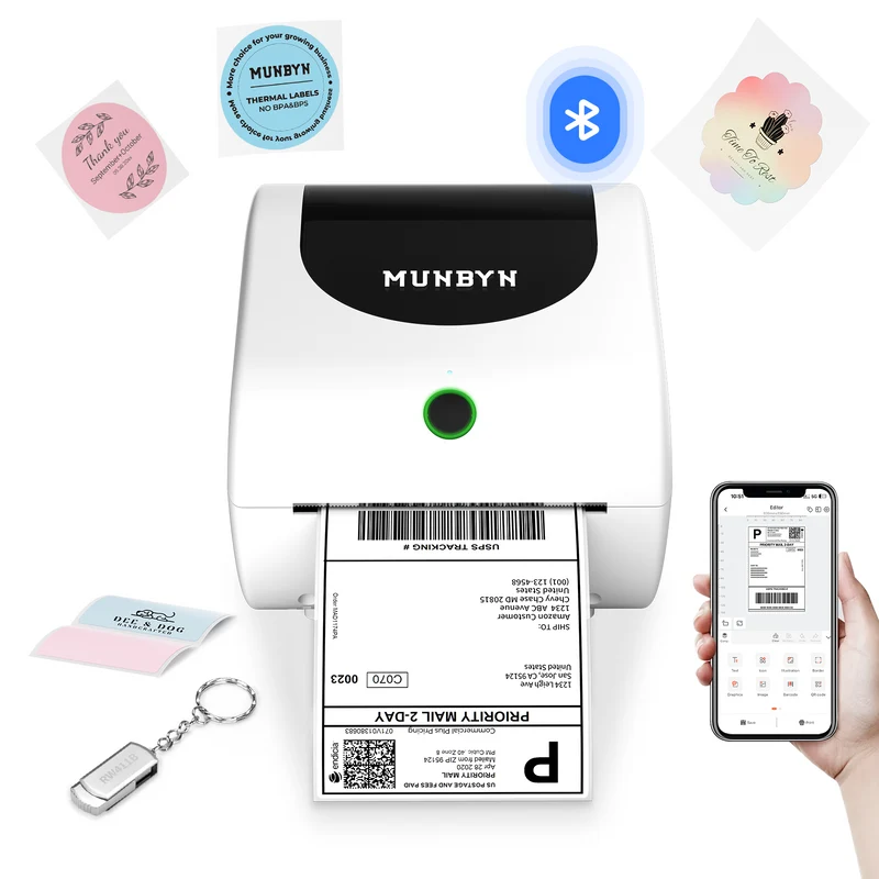MUNBYN RW411B Bluetooth 4x6 Thermal Label Printer with Paper Tray for Daily Shipping
