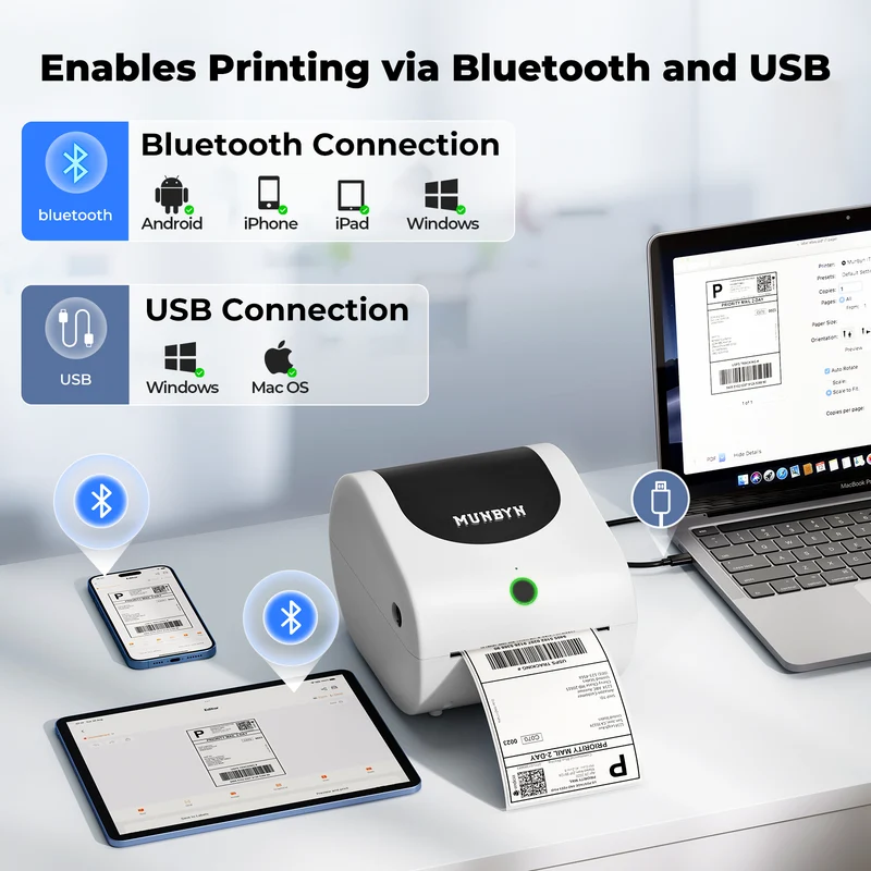 MUNBYN RW411B Bluetooth 4x6 Thermal Label Printer with Paper Tray for Daily Shipping
