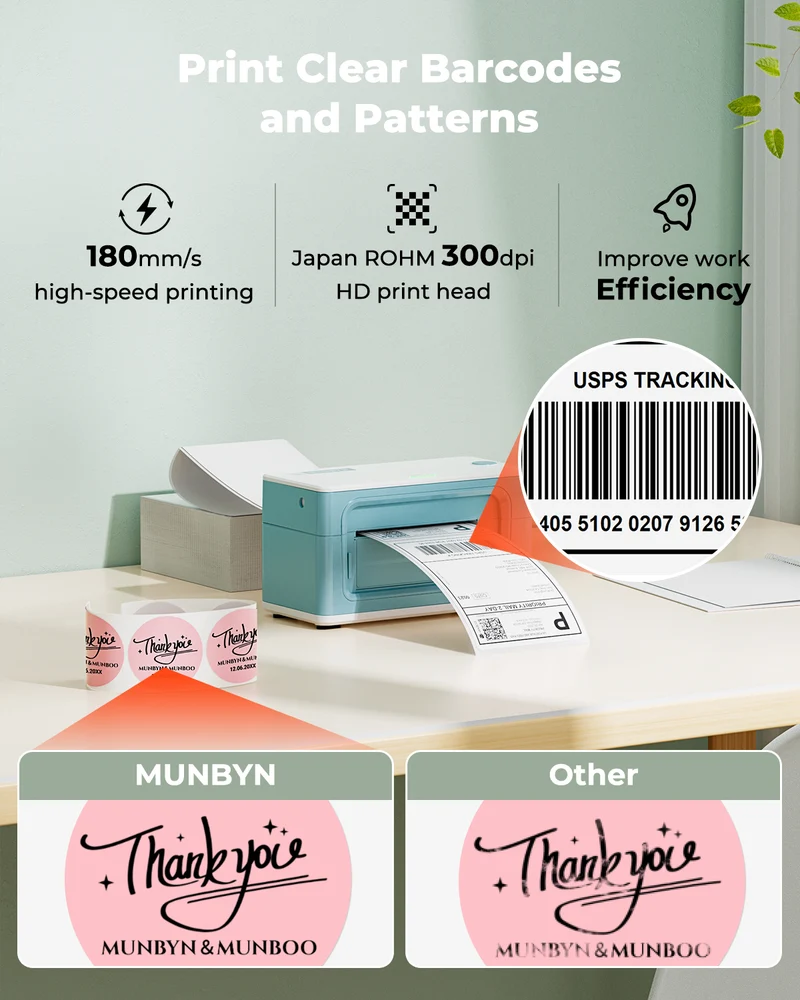 MUNBYN RW941BP 300DPI Bluetooth Thermal Label Printer for Product Labels and Branding