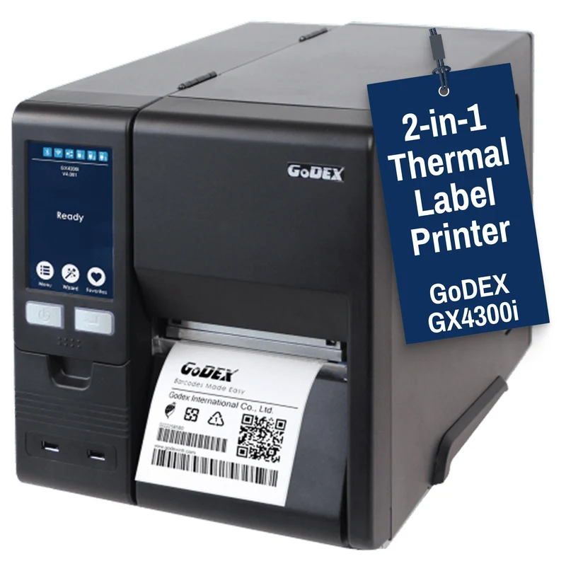 GoDEX GX4300i Thermal Printer - 4" 300 DPI High-Resolution, USB/Serial/Ethernet | 3-Year Warranty