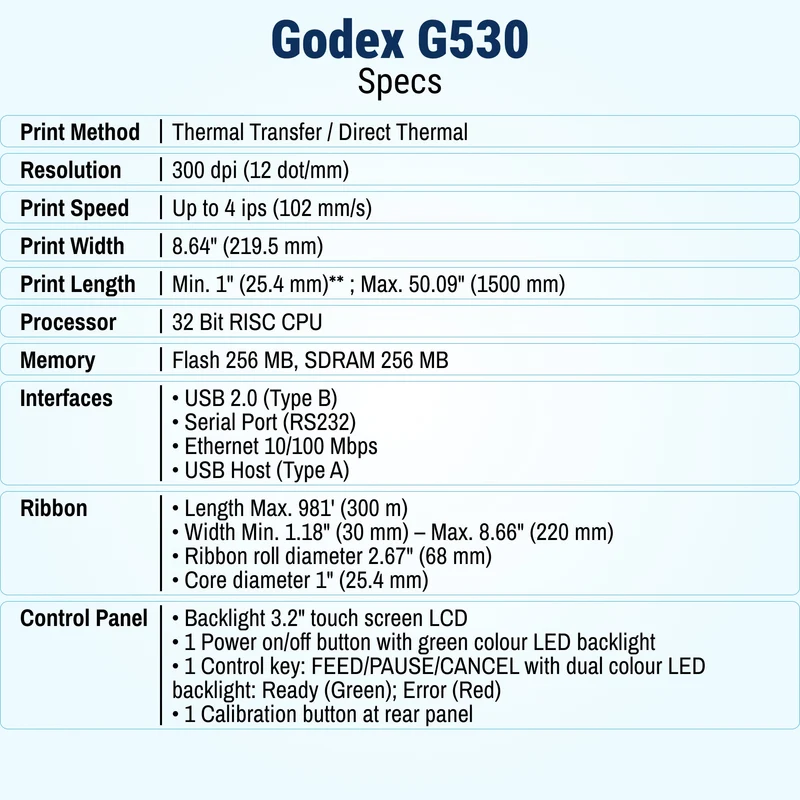 GoDEX G530 Thermal Printer 4″ - 2-in-1 Thermal Label Printer – 300 DPI, 3-Year Warranty